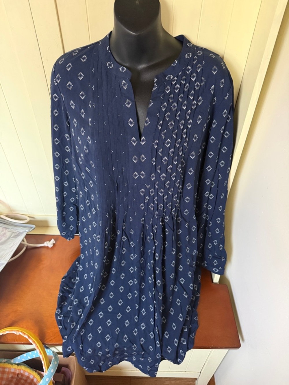 Old Navy Navy Printed Long-Sleeve Pleated Tunic dress NWT